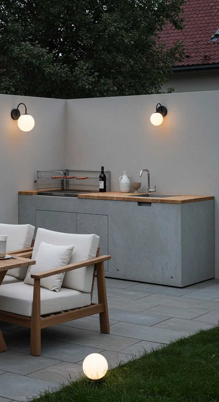 Cuisine extérieure minimaliste en béton et bois, avec évier, barbecue portable et appliques murales rondes.