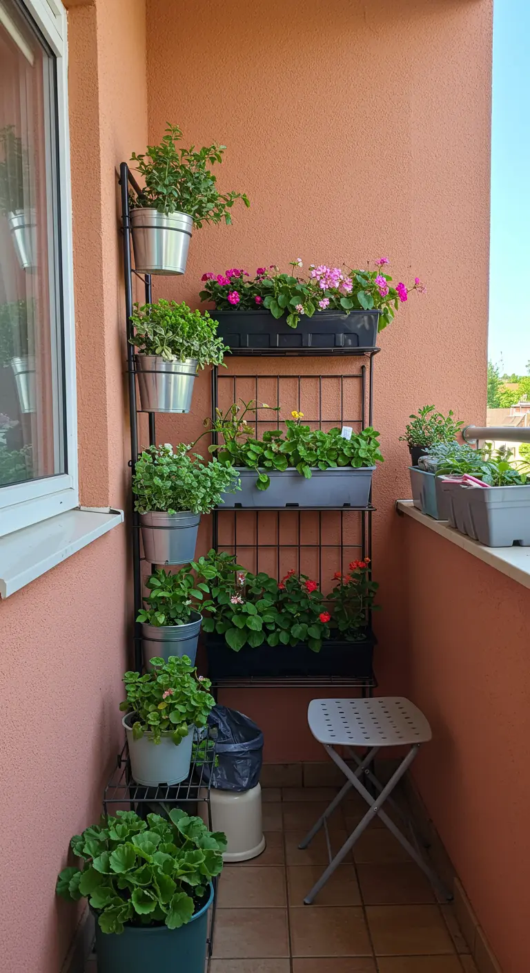 Balcon avec une étagère métallique haute et étroite remplie de plantes en pot et de jardinières.
