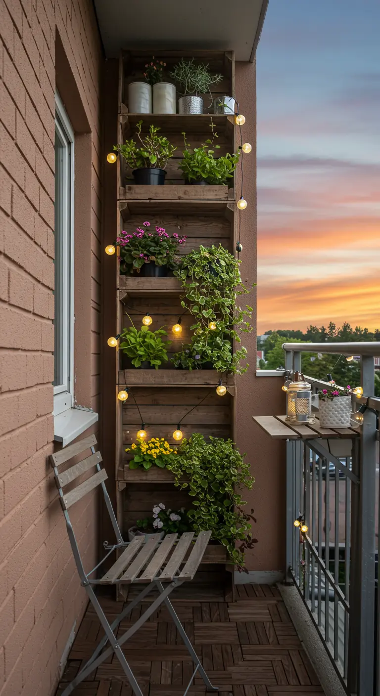 Étagère végétale verticale haute faite de caisses en bois sur un balcon.