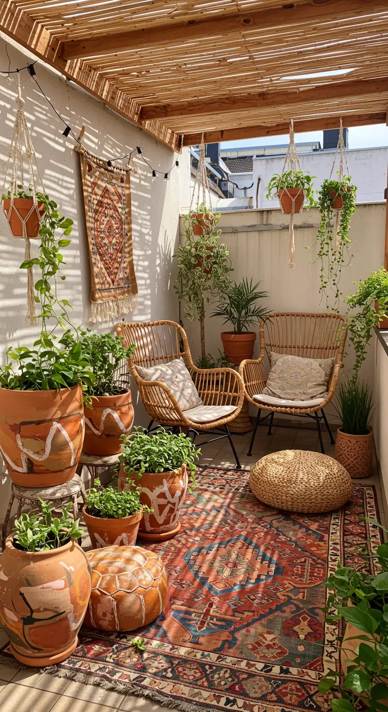 Balcon bohémien avec chaises en rotin, tapis persan, pots peints, plantes en macramé, et guirlande lumineuse.