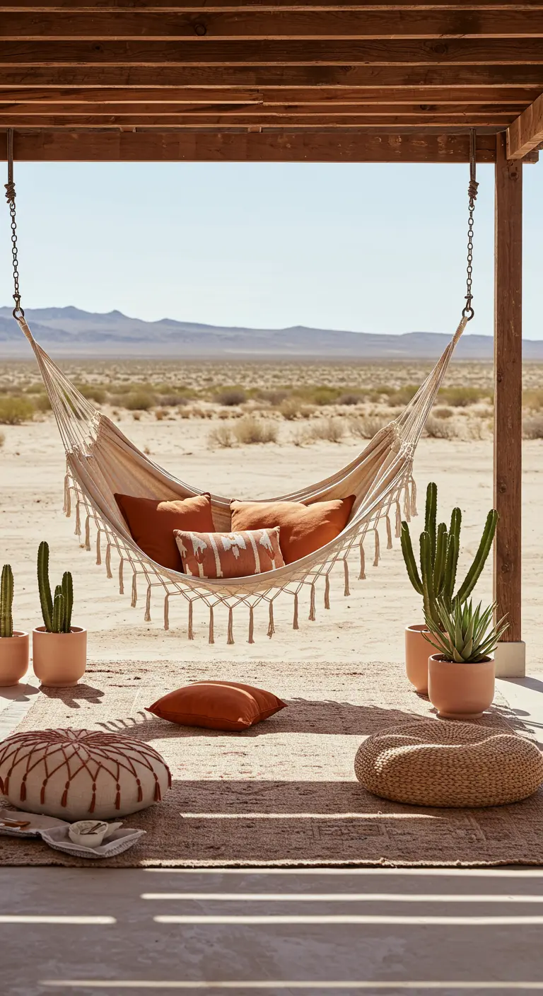 Hamac suspendu, coussins terracotta, cactus en pots, tapis en jute dans un décor désertique.