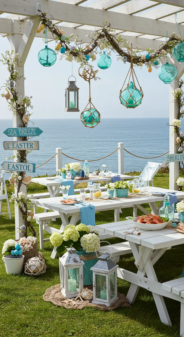 Décoration de Pâques thème marin avec tables blanches, boules de verre turquoises et lanternes, près de l'océan.