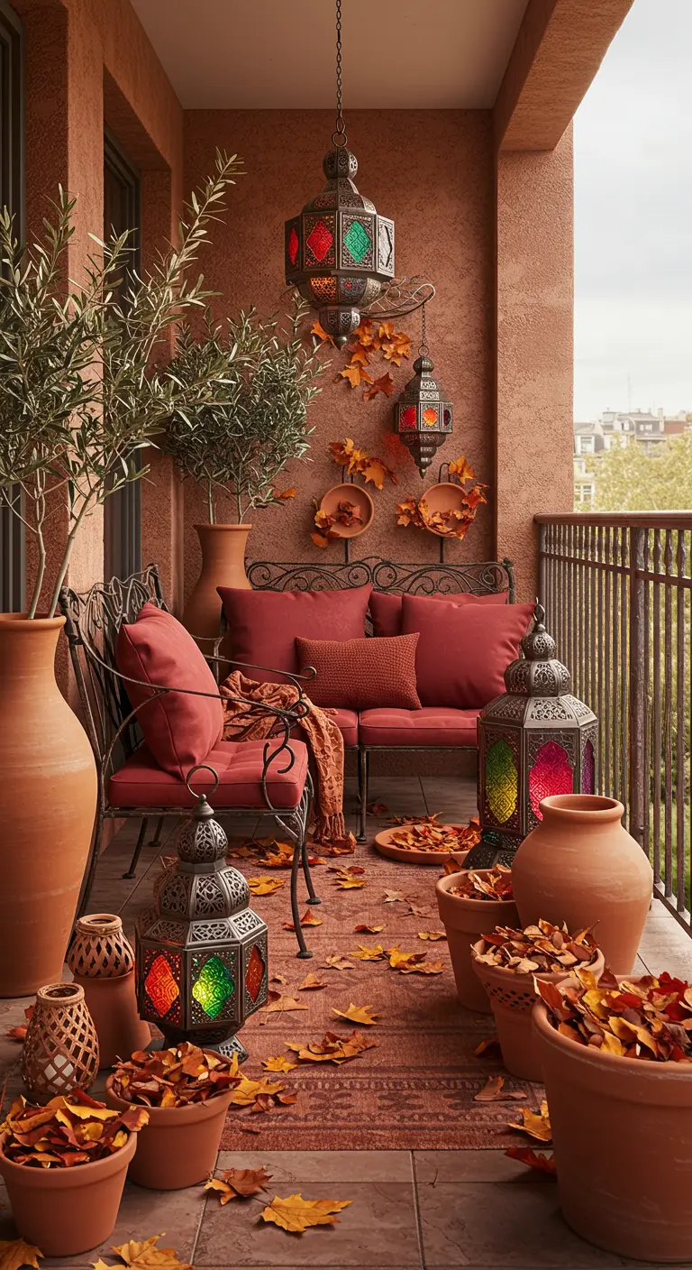 Balcon marocain avec lanternes colorées, pots en terre cuite, tapis oriental et olivier.