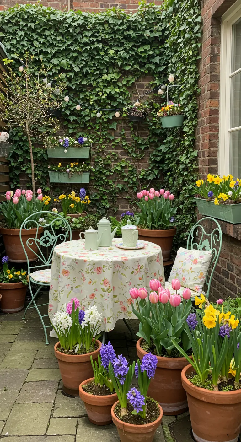 Cour printanière avec table bistro, tulipes, jacinthes et lierre sur les murs.