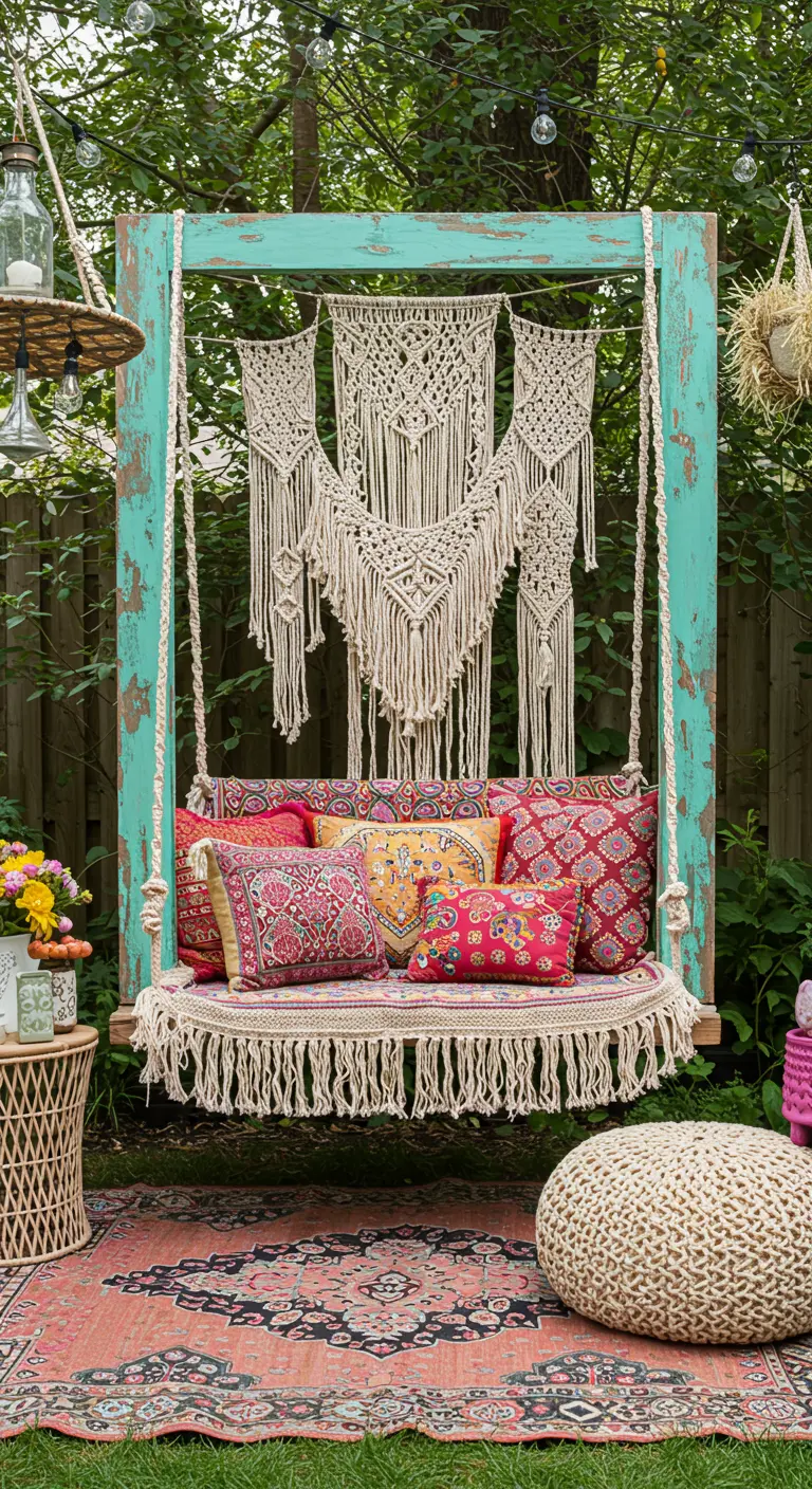 Balançoire en bois turquoise, macramé, coussins colorés, tapis, pouf dans un jardin.