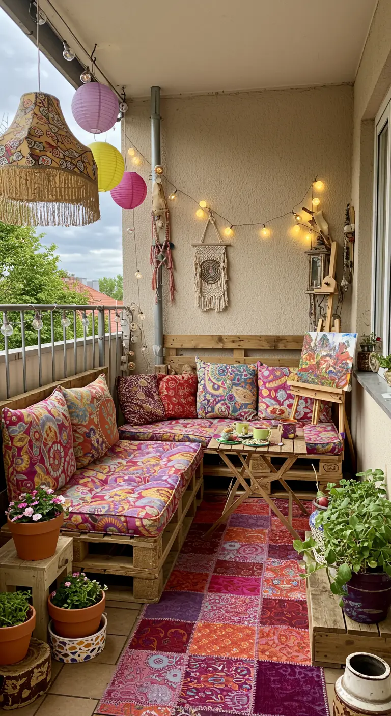 Balcon bohème très coloré avec canapé en palettes, tapis patchwork, lampions et plantes.