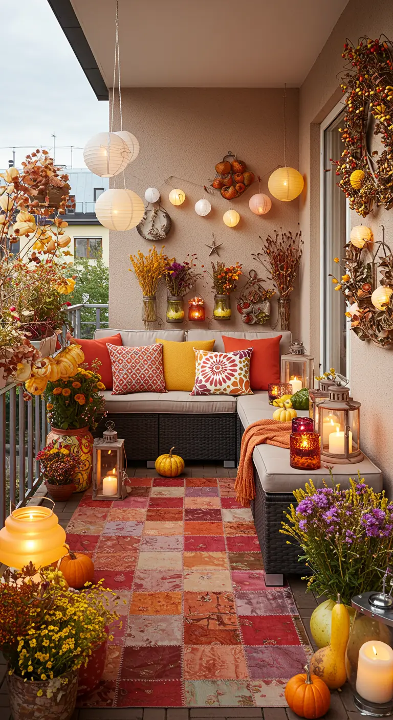 Balcon bohème coloré avec tapis patchwork, lampions, citrouilles et lanternes.