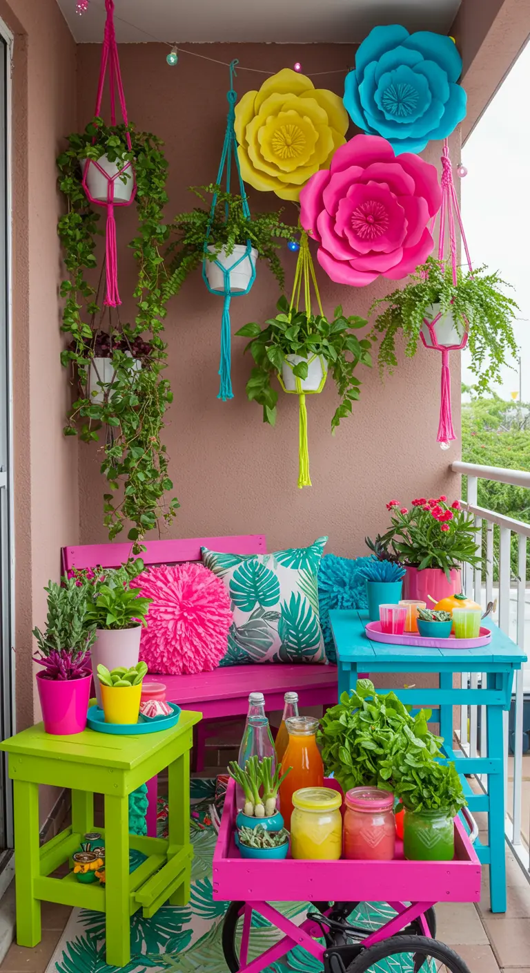Balcon coloré avec banc rose, plantes suspendues en macramé et fleurs murales géantes.
