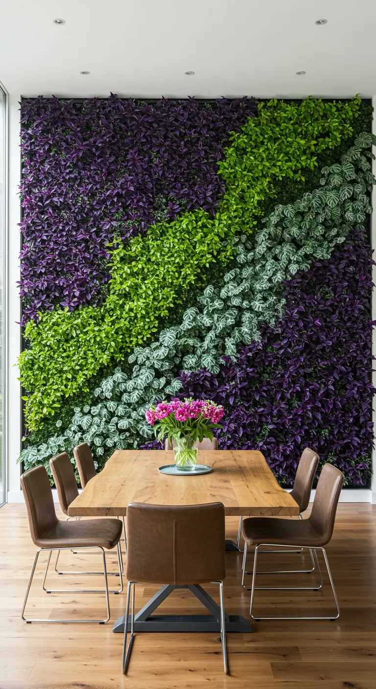 Mur végétal intérieur avec de larges rayures diagonales de plantes pourpres, vert clair et gris-vert.