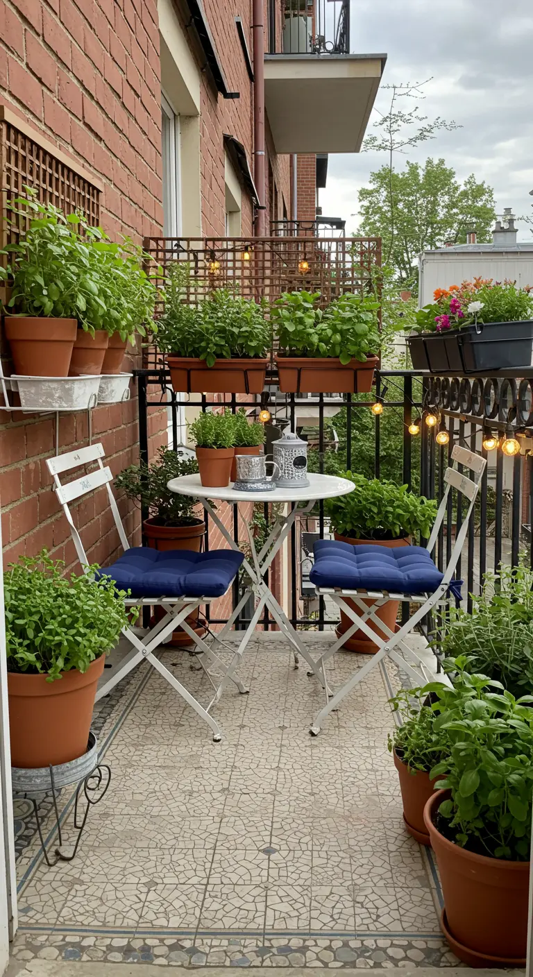 Balcon avec un jardin d'herbes aromatiques en pots, table et chaises bistrot blanches avec coussins bleus.