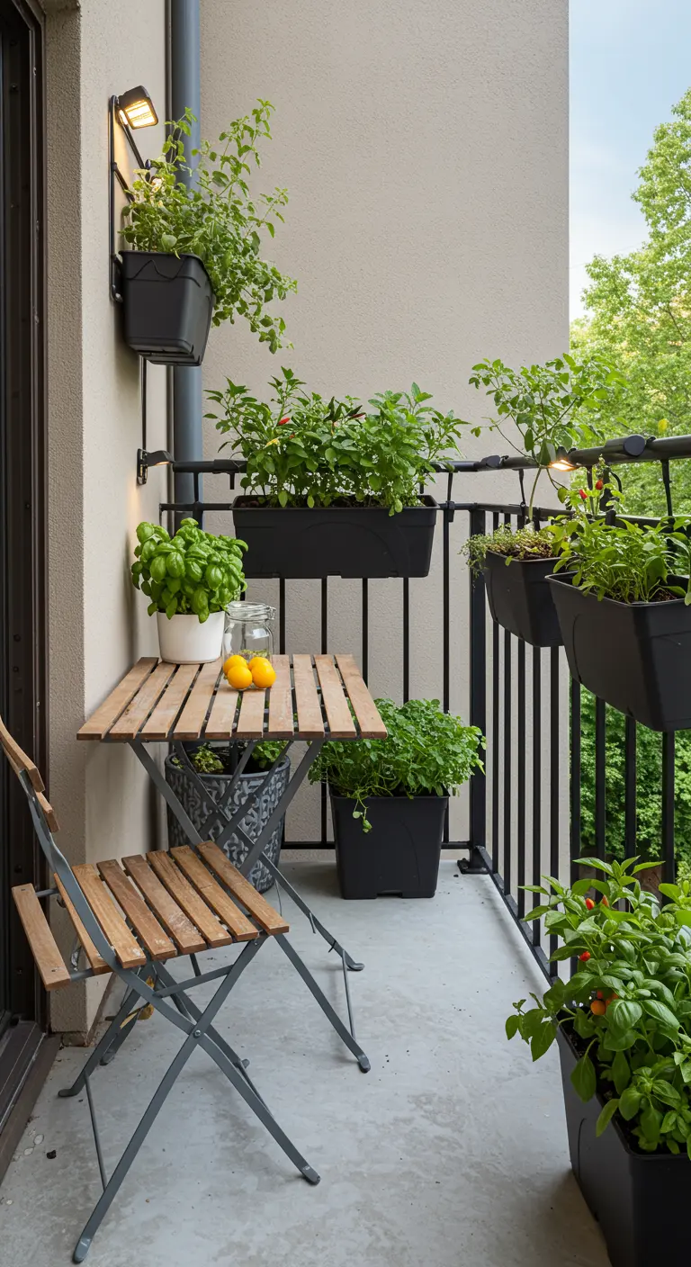 Petit balcon avec jardinières murales d'herbes, table pliante et chaise en bois.