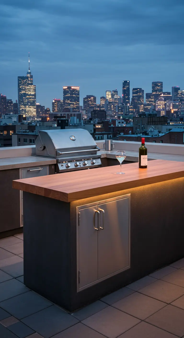 Cuisine extérieure sur toit-terrasse avec vue sur la ville, barbecue, comptoir en bois éclairé par LED.