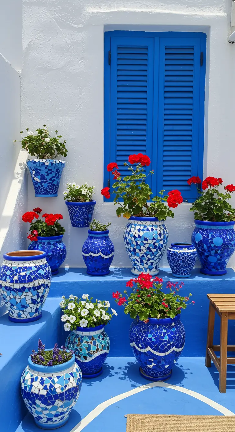 Mur blanc, volets bleus, pots mosaïque bleus et blancs avec géraniums rouges, style grec.
