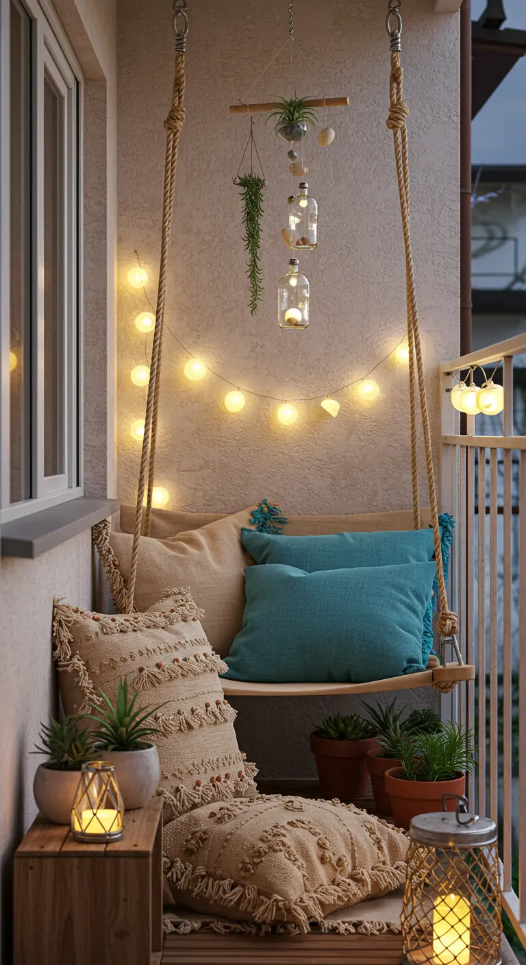 Balcon avec balançoire en bois, coussins beiges/turquoises, guirlandes lumineuses et bocaux.