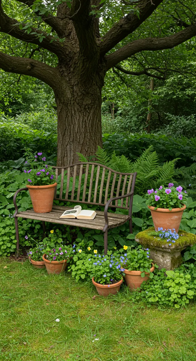 Banc en métal sous un grand arbre avec des pots de fleurs violettes et bleues tout autour.