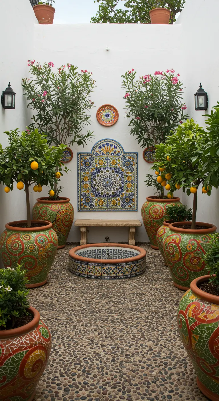 Cour méditerranéenne avec des pots mosaïque colorés abritant des citronniers et une fontaine centrale.