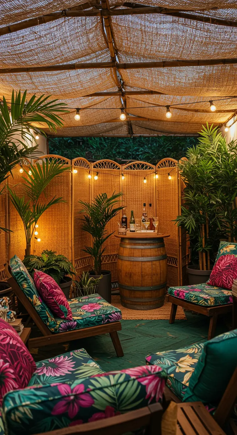 Terrasse extérieure avec paravent en rotin, fauteuils aux motifs tropicaux, plantes et un baril servant de mini-bar.