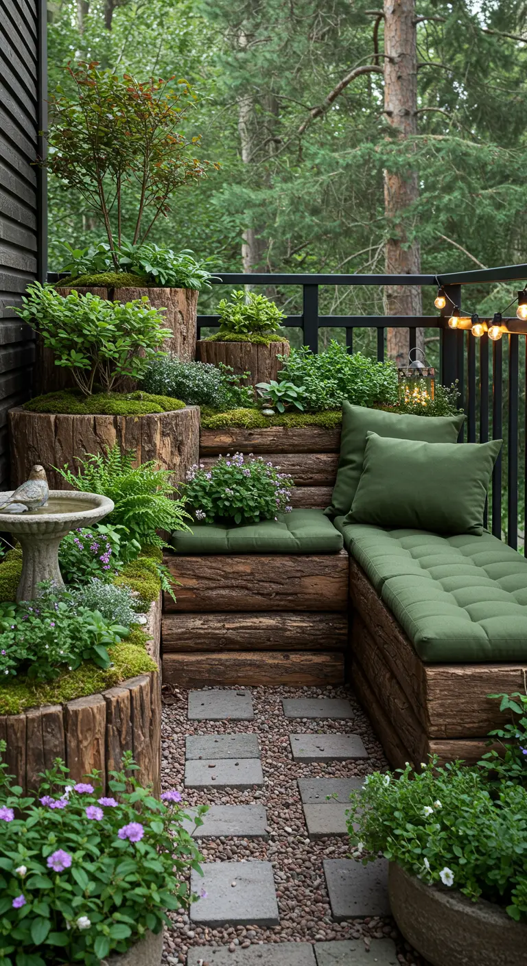 Balcon forestier avec troncs d'arbres, fontaine à oiseaux et banquette en bois.