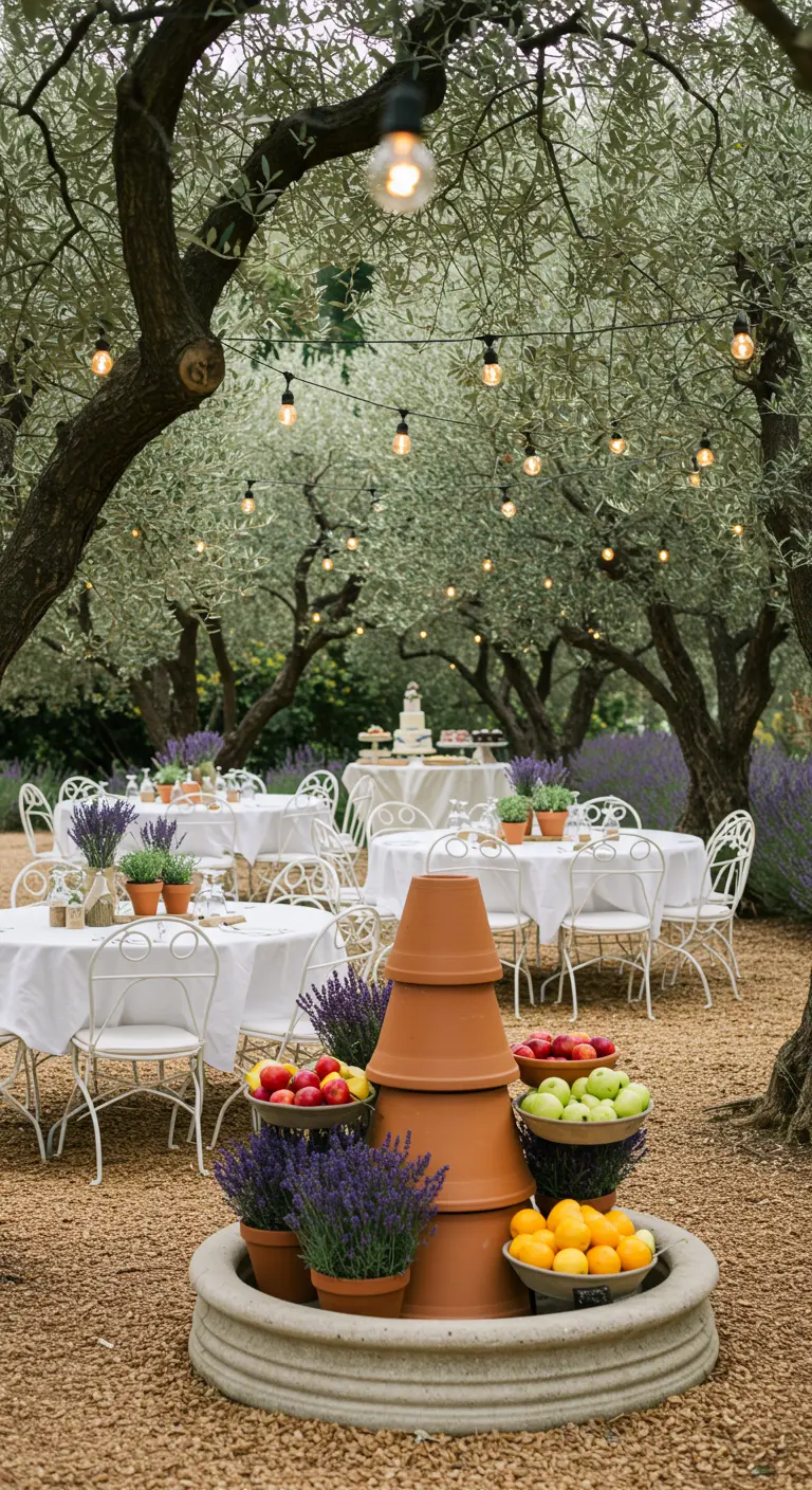 Fête dans une oliveraie, tables blanches, lavande, pots empilés avec fruits frais et guirlandes lumineuses.