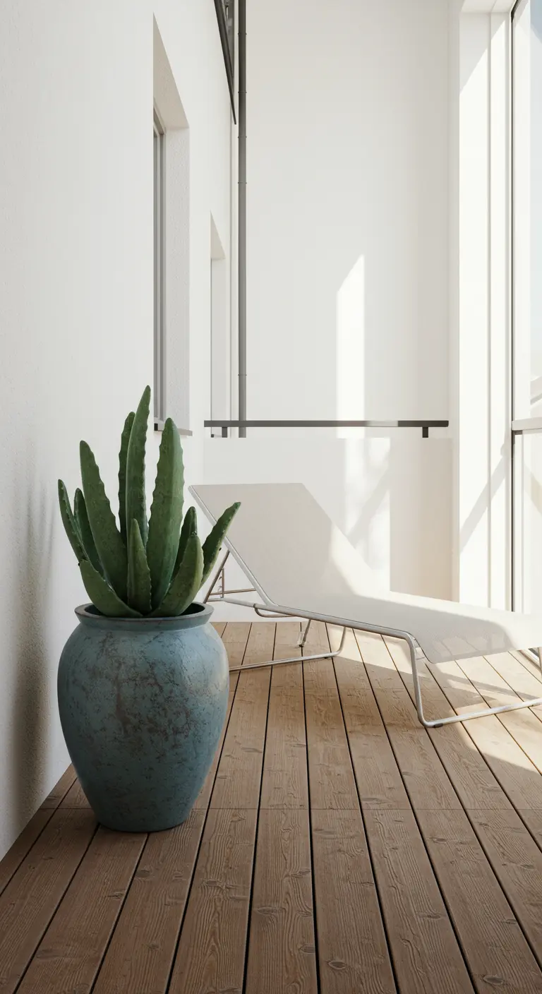 Balcon minimaliste avec mur blanc, plancher en bois, grand pot bleu pâle et aloe vera.