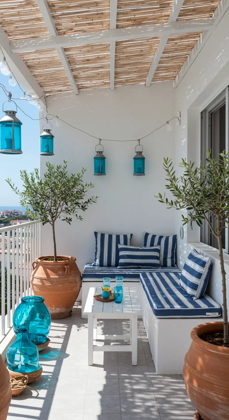 Balcon méditerranéen blanc et bleu, banquettes intégrées, oliviers et lanternes bleues.