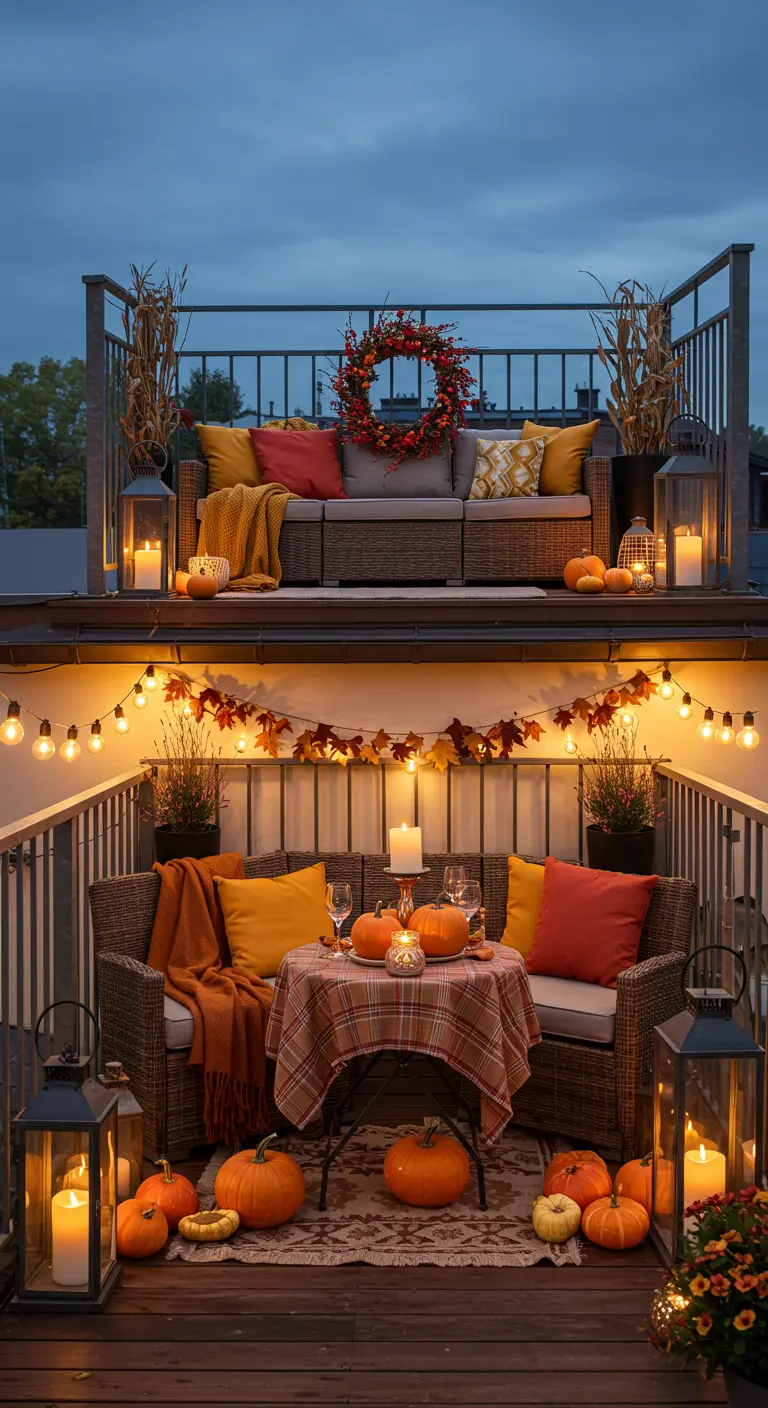 Balcon à double niveau décoré avec salons d'extérieur, citrouilles, lanternes et guirlandes.