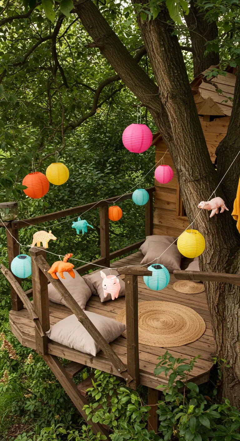 Cabane dans les arbres décorée de lampions colorés et de lanternes animales.