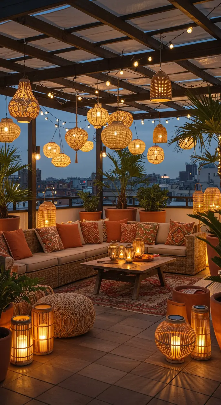Terrasse bohème chic éclairée de lampions en rotin et lanternes au sol sous une pergola.