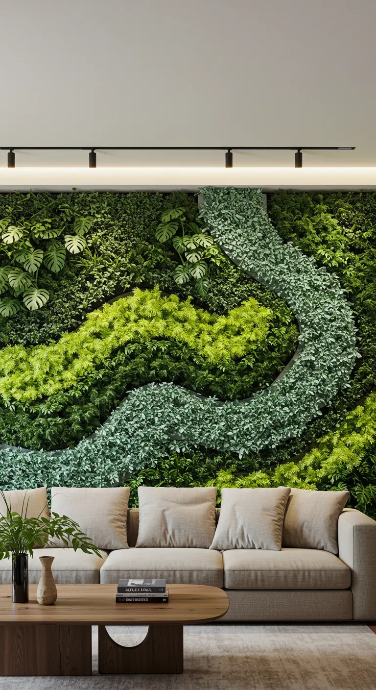Mur végétal intérieur avec des vagues de plantes vertes de différentes teintes et textures.