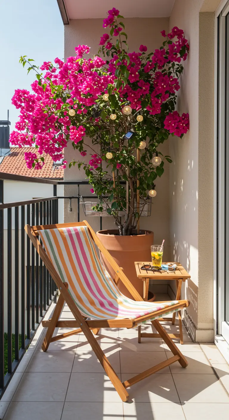Petit balcon avec chaise longue, grand bougainvillier en pot et guirlande lumineuse solaire.