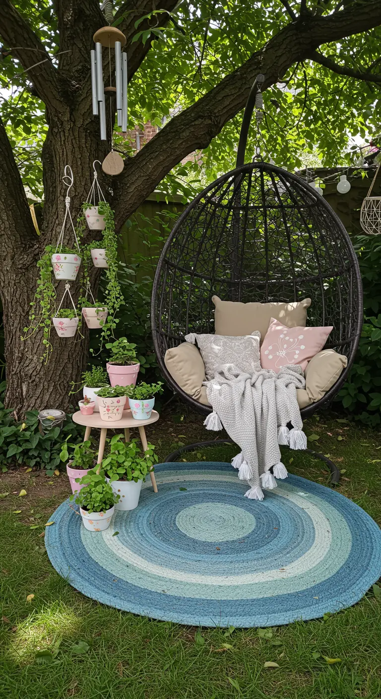 Coin jardin ombragé avec balancelle œuf, tapis rond bleu-vert, pots roses fleuris et carillon éolien.