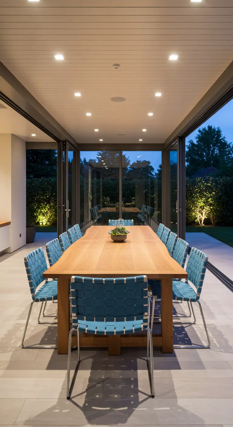 Longue table en bois clair, chaises tressées bleues, dans une salle à manger ouverte sur l'extérieur.