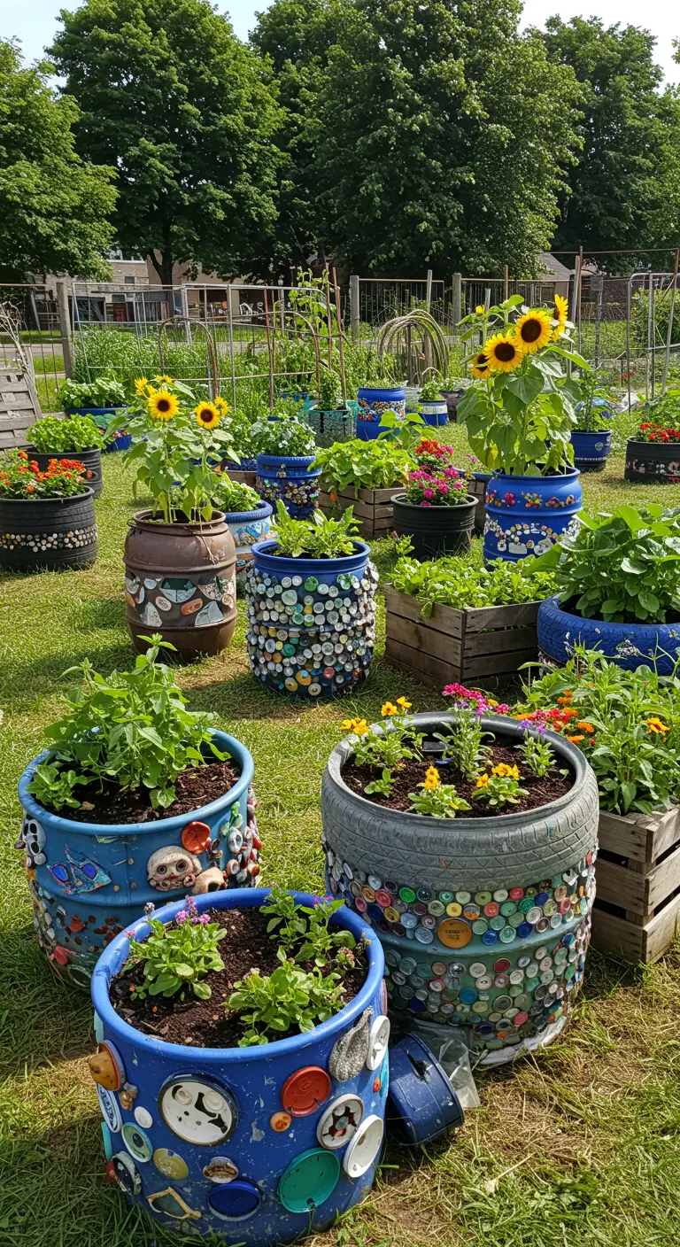 Jardinières faites de barils et de pneus recyclés, décorées de bouchons colorés et d'objets divers, dans un jardin collectif.