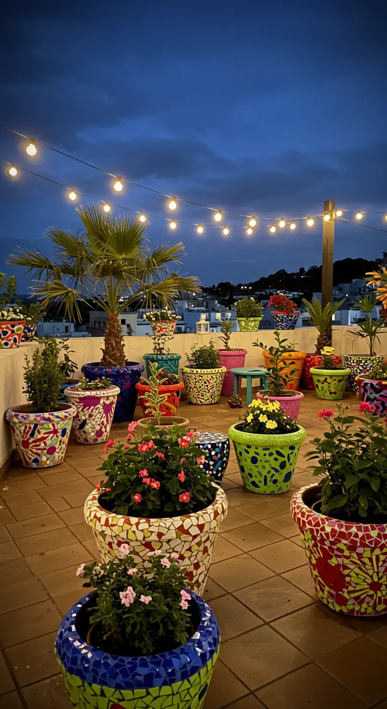 Terrasse sur le toit au crépuscule, nombreux pots mosaïque multicolores et guirlandes lumineuses.