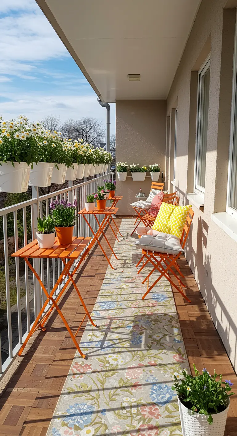 Long balcon avec tables pliantes orange, tapis floral, coussins colorés et jardinières fleuries.