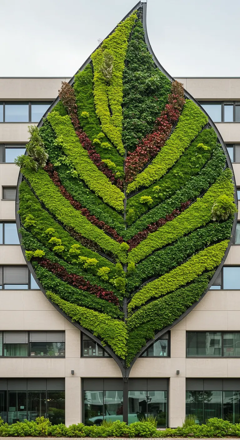 Façade de bâtiment avec un mur végétal en forme de feuille géante, multicolore.