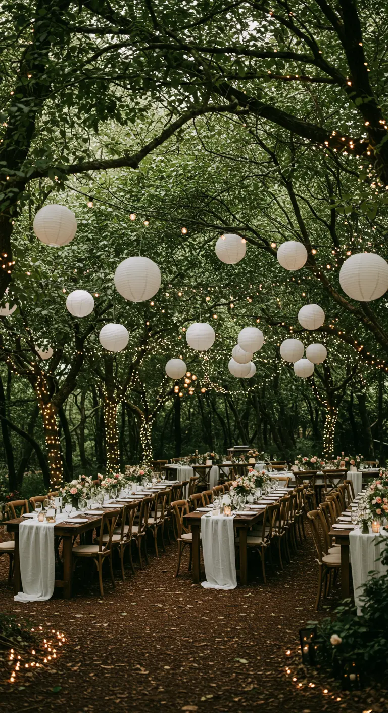 Dîner en forêt sous un ciel de lampions blancs et de guirlandes lumineuses suspendues aux arbres.