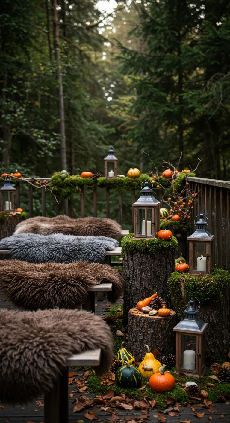 Patio boisé avec rondins d'arbre, plaids en fausse fourrure, mousse, citrouilles et lanternes.