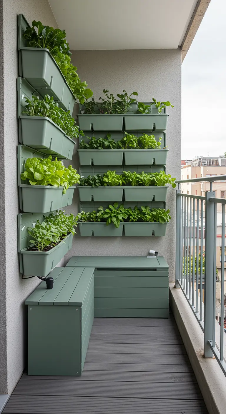 Jardinières modulaires vert sauge avec légumes, et bancs de rangement assortis sur un balcon