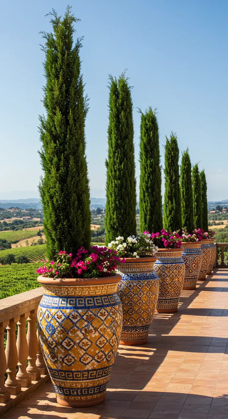 Grande terrasse avec une rangée de cyprès dans de grands pots mosaïque jaunes et bleus ornés.