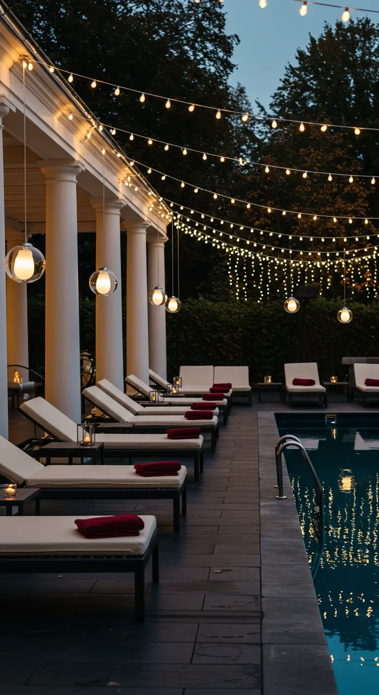 Piscine élégante bordée de colonnes et de chaises longues, éclairée par des guirlandes LED, globes suspendus et rideaux lumineux.