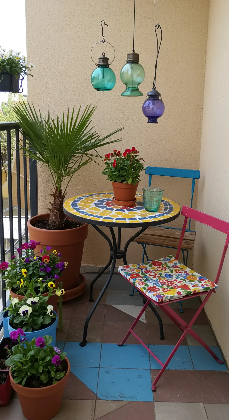 Balcon bohème avec table mosaïque colorée, chaises dépareillées et lanternes suspendues.