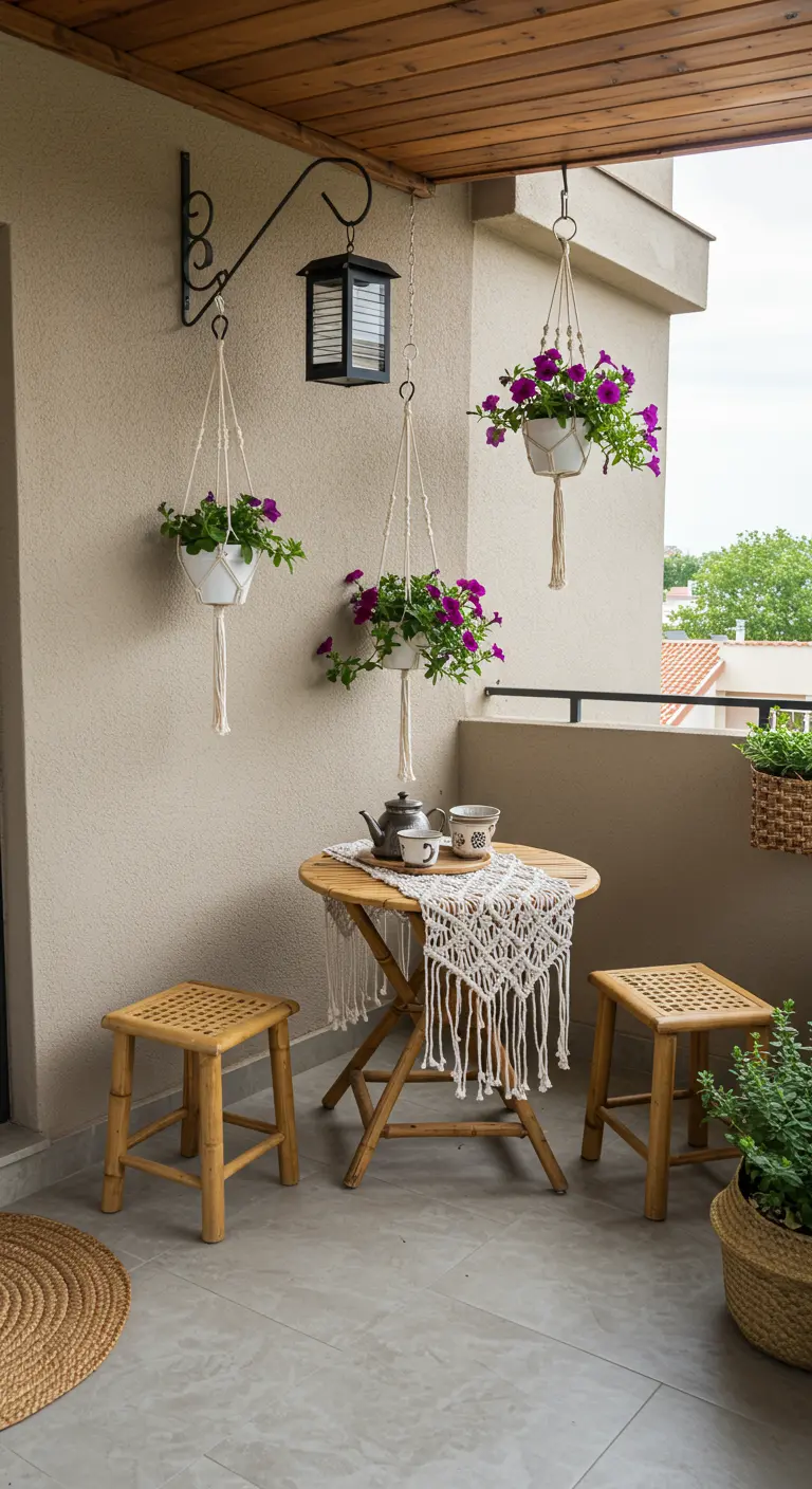 Balcon avec lanterne suspendue, plantes en suspension, petite table et chaises en bambou.
