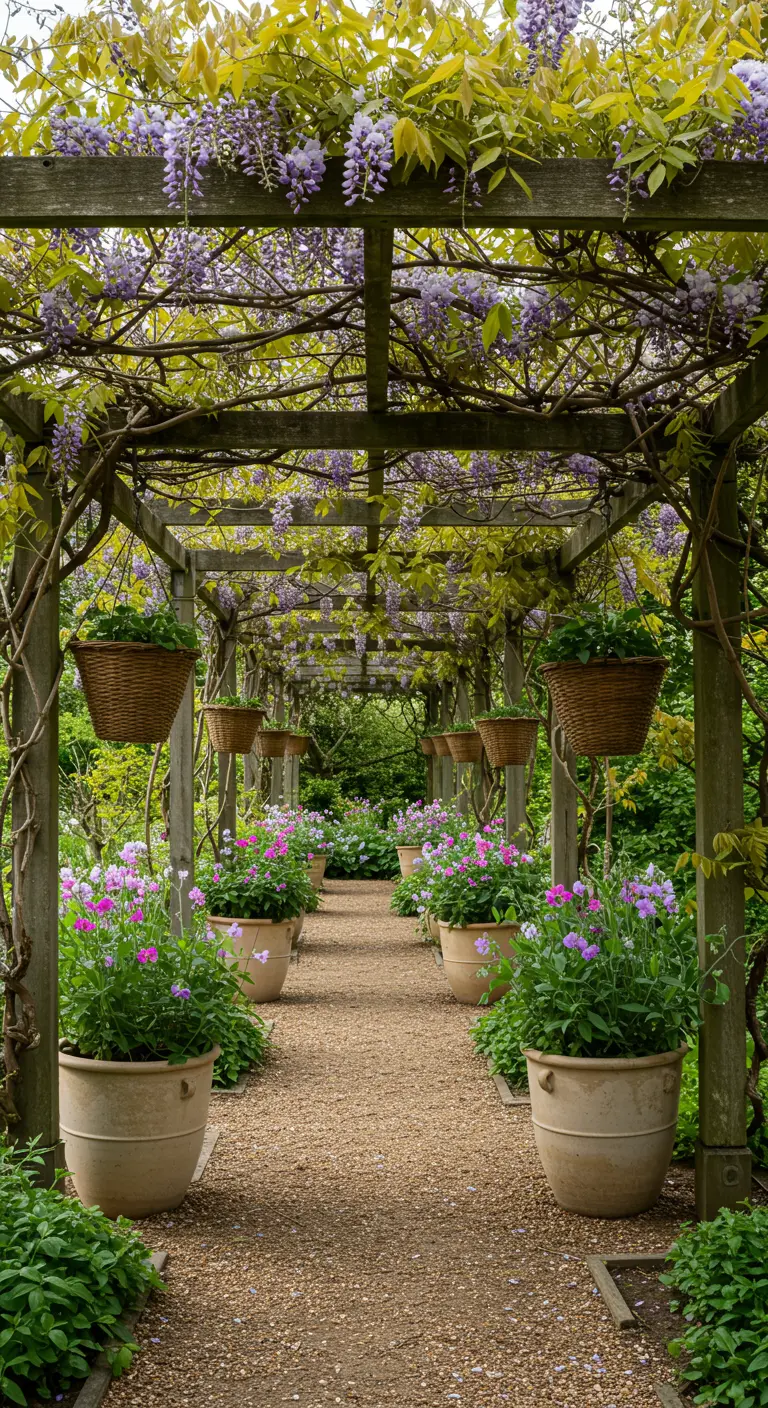 Pergola en bois couverte de glycines, bordée de grands pots de fleurs roses et violettes.