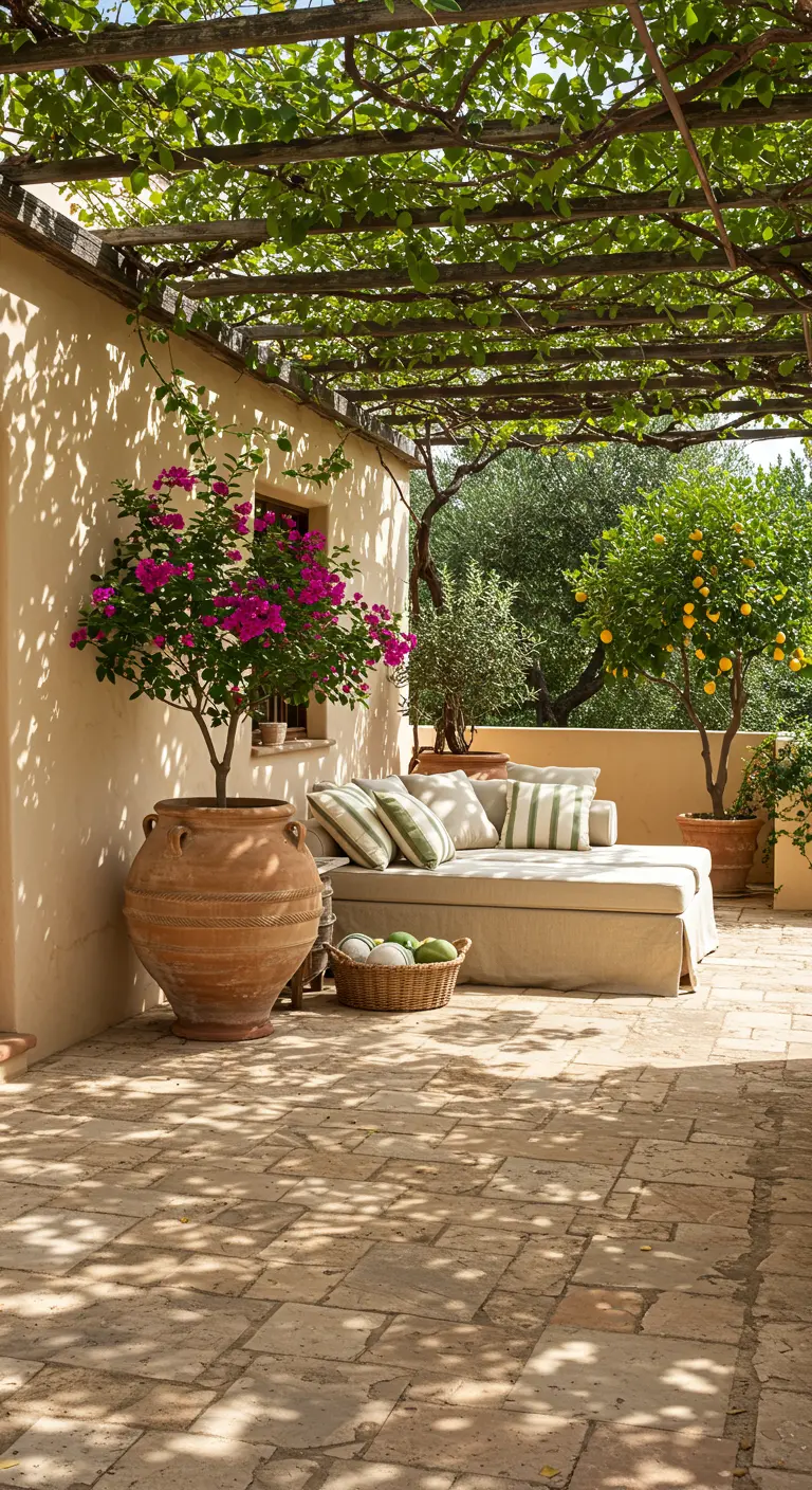 Terrasse ensoleillée avec pergola luxuriante, banquette confortable et citronniers en pots.