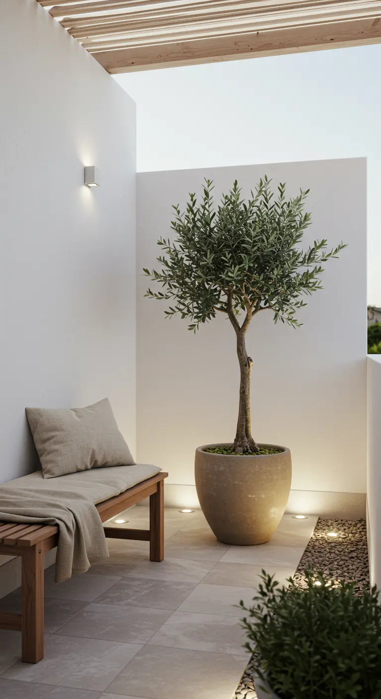 Terrasse minimaliste blanche avec banc en bois, olivier en grand pot et éclairage au sol.