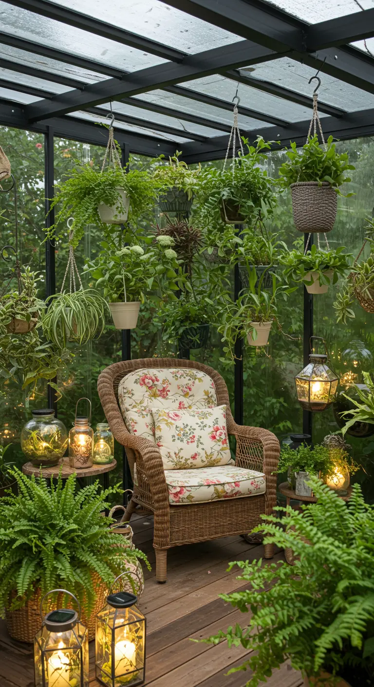 Serre luxuriante avec plantes suspendues, fougères, fauteuil en rotin et nombreuses lanternes éclairées.