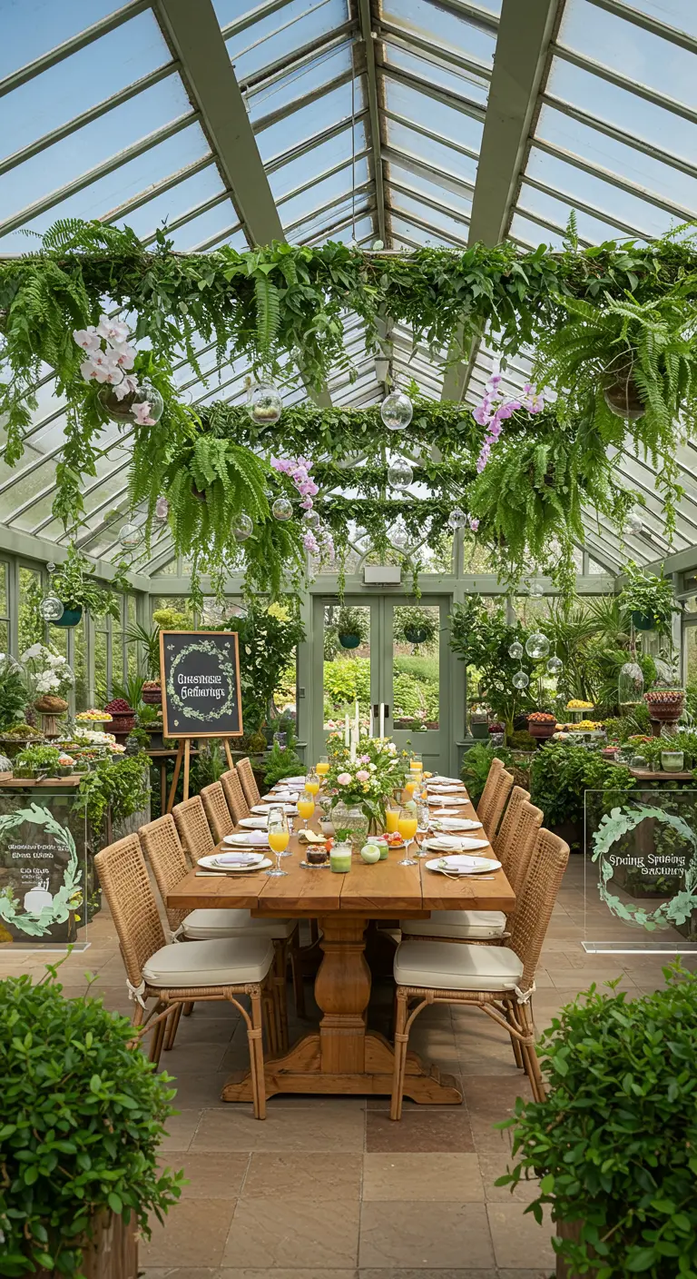 Dîner de Pâques dans une serre luxuriante avec longue table en bois, chaises en rotin et plantes suspendues.