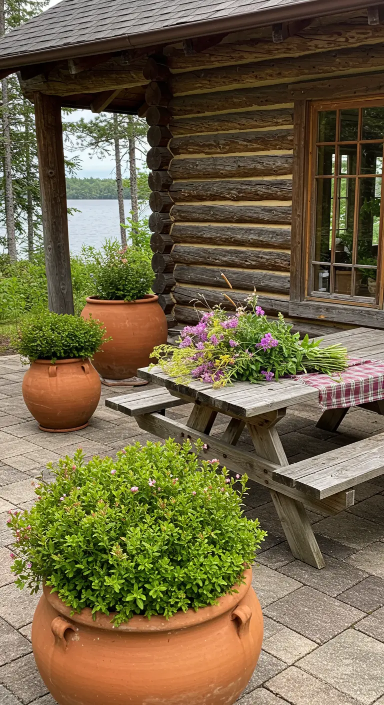 Terrasse en pavés devant une cabane en rondins, avec de grands pots en terre cuite et une table de pique-nique.