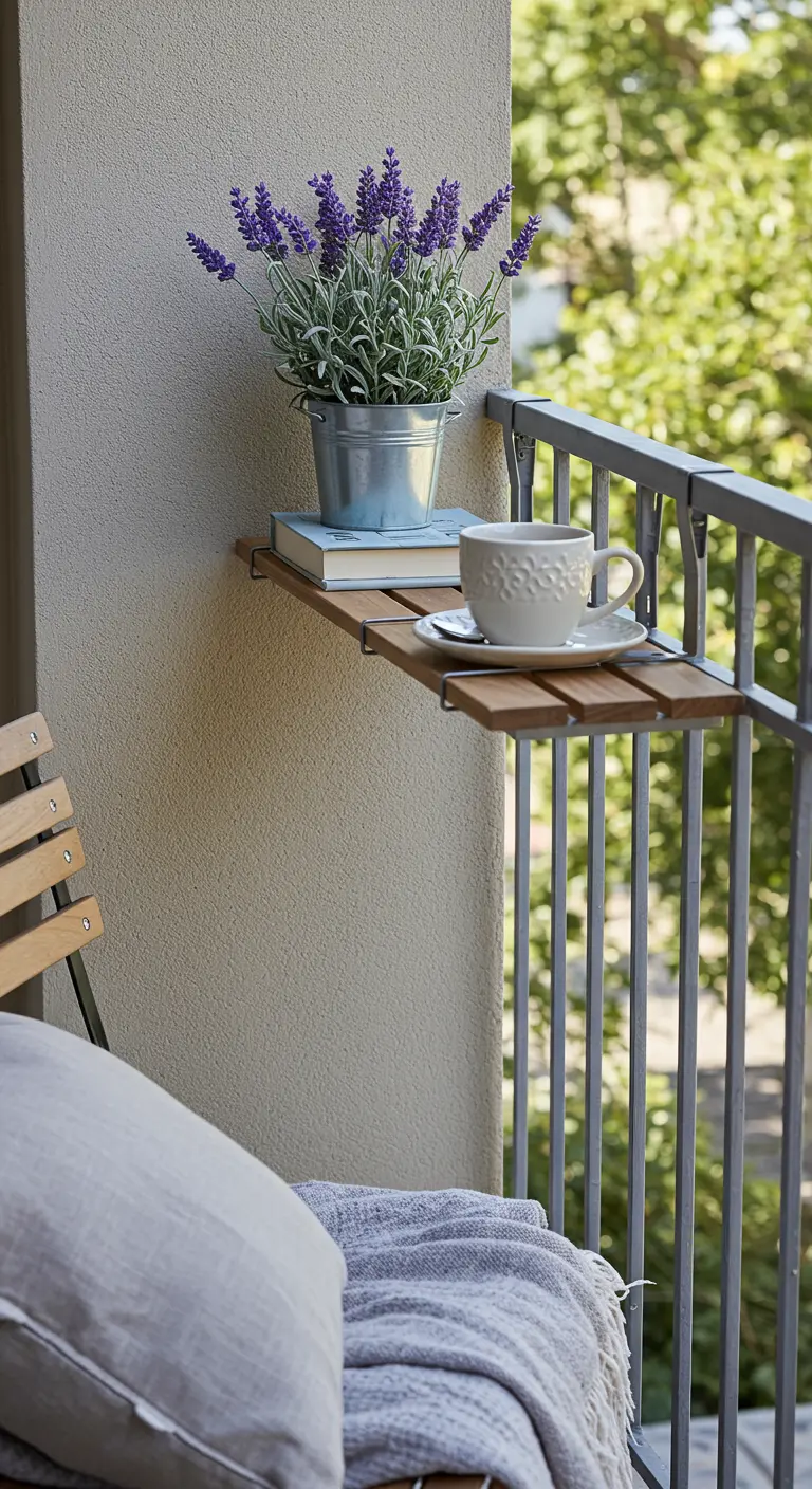 Petit balcon avec une tablette en bois attachée au garde-corps et une plante de lavande.